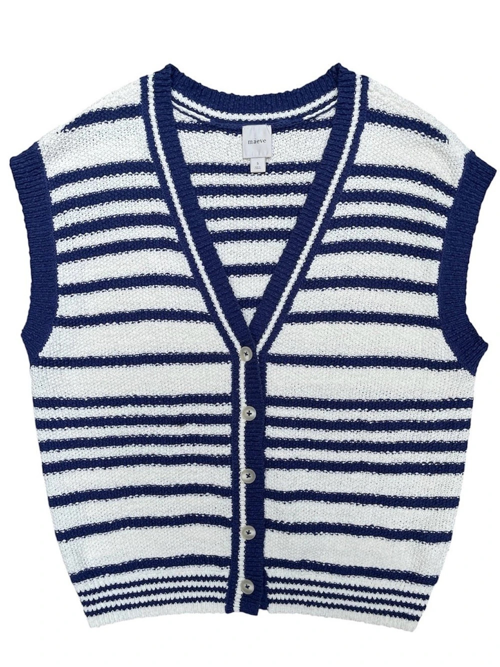 Maeve Button-Front Knit Vest Striped V-Neck Sweater Vest White & Blue Small